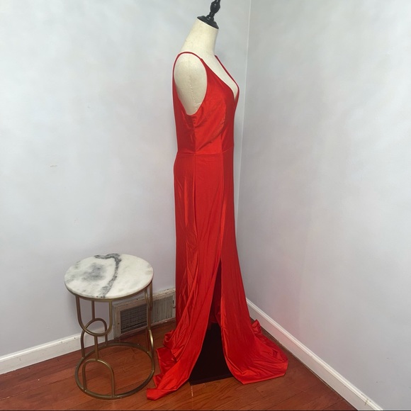 # Windsor Bright Red V Neck / V Back Stretchable Long Dress - Picture 8 of 15